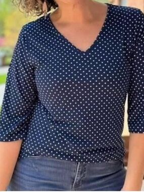 LuLaRoe Eden Navy White Polka Dot V-Neck 3/4th Sleeve stretchy Top Small